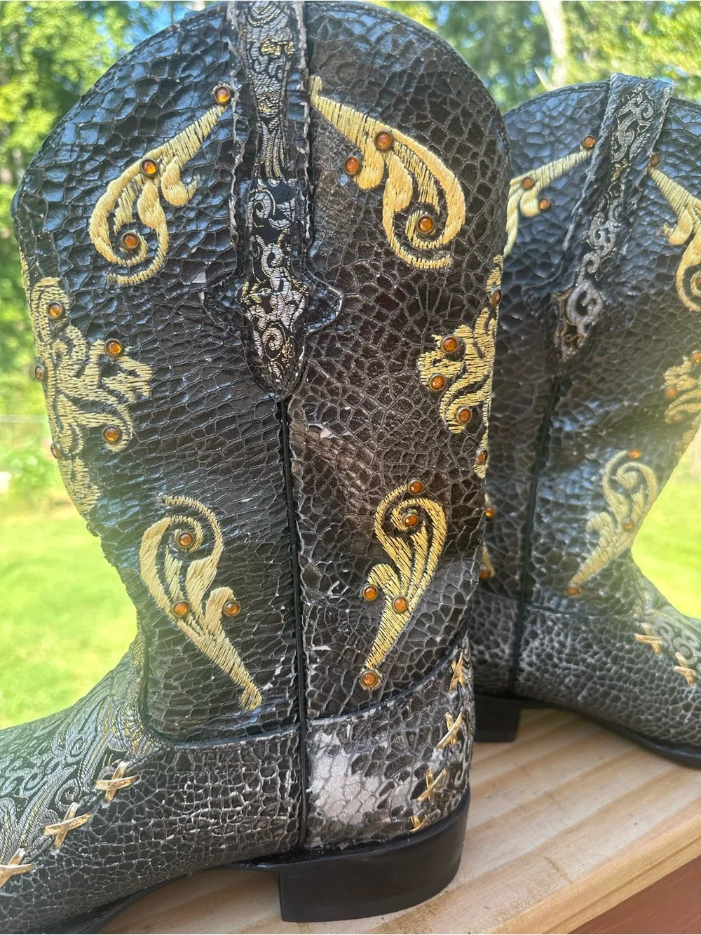Black Embossed Leather Western Cowboy Boots with Gold Stitching